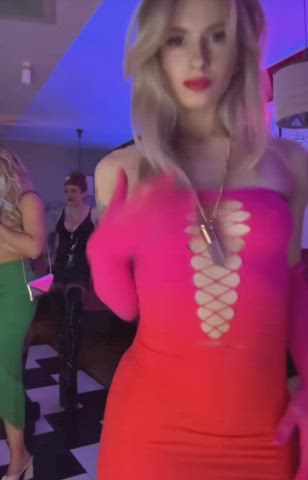 Blonde showing off her dress