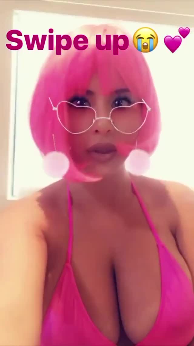 Busty and cute waifu in bikini cosplay pink shirt hair