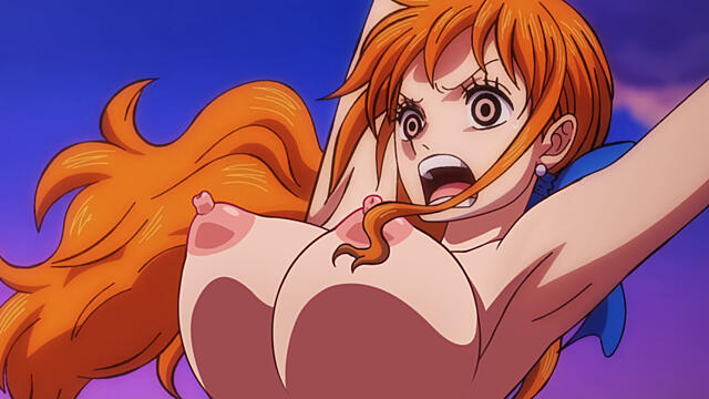 The enemy threw Nami away and she didn't notice her shirt ripped off
