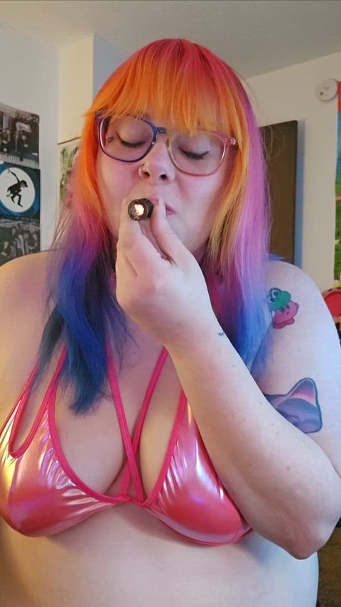 bbw boobs cute lingerie natural tits smoking tattoo tease thick tits clip