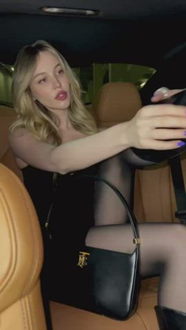blonde boots car pantyhose tights clip