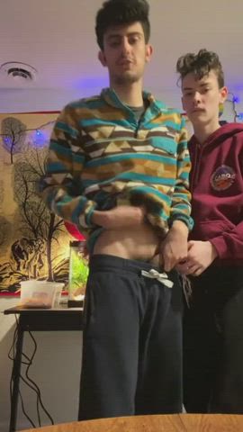 Couple of young twinks have sex. Bottom boy cums hard and top shoots a load deep
