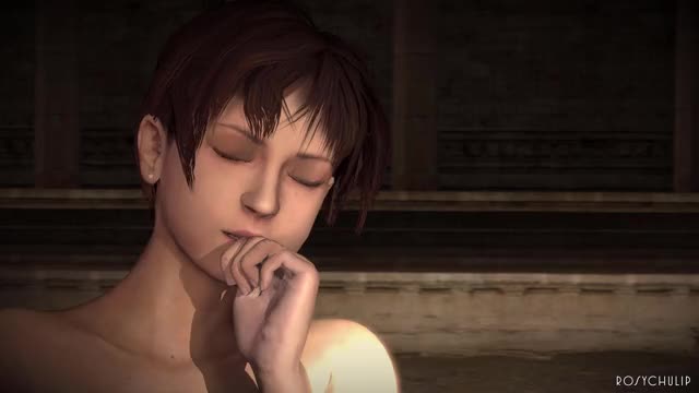 Nude Rebecca Chambers startles herself in the bathhouse