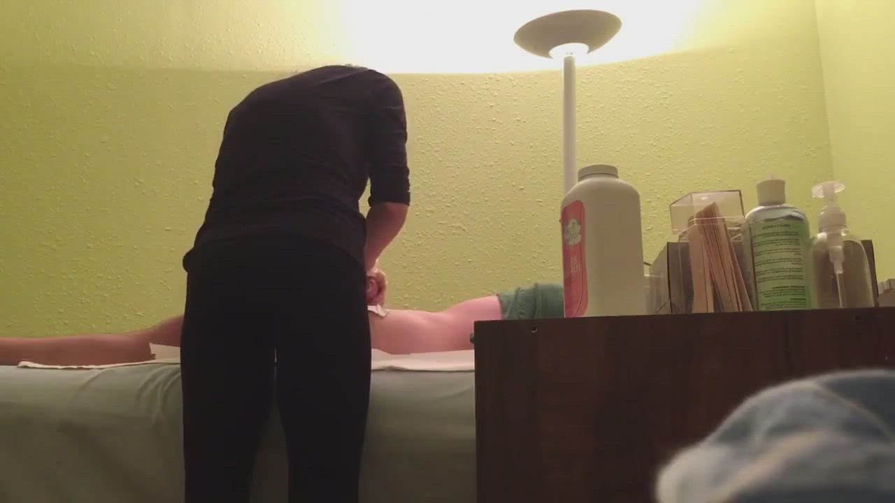 Sexy banter, accidental cum, she finishes him off, cleans up mess and continues waxing
