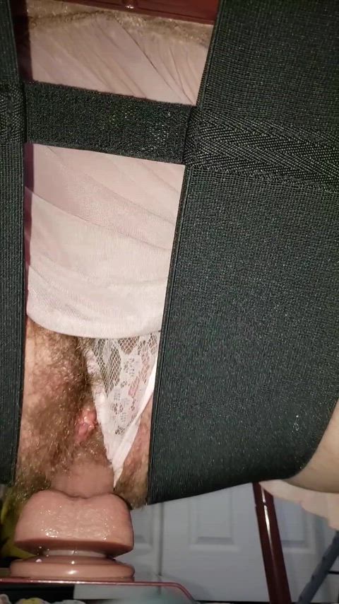 PoV of my creamy, hairy pussy riding this dildo