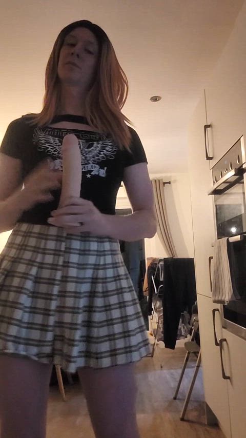 Just a sissy showing off the cage before I ride the dildo