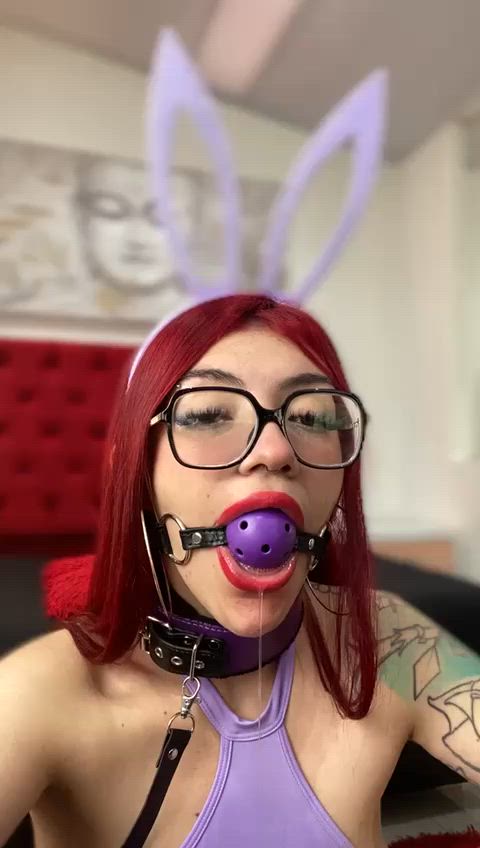 bdsm big tits blowjob cute gagged redhead saliva tits clip