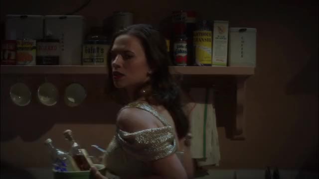 Hayley Atwell - Agent Carter (S1E1, 2015) - cleavage in glamorous blonde party disguise,