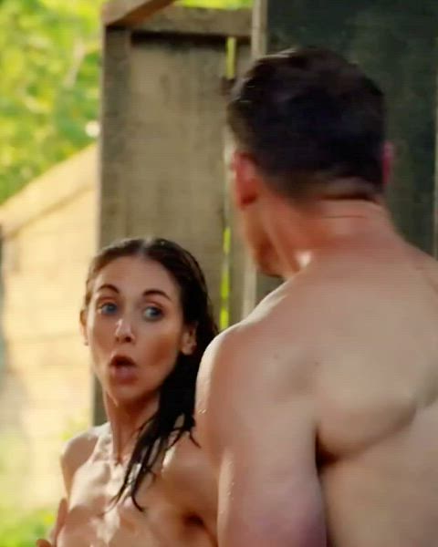 New Alison Brie topless handbra plot from the "Freelance" trailer (2023)