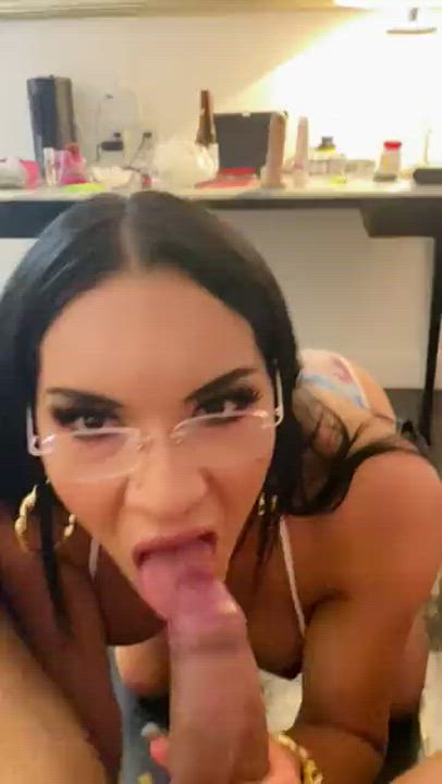 Blowjob Close Up Cute Glasses Nathaly Cherie POV Trans clip