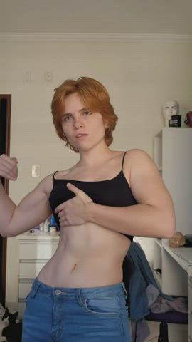 abs athletic clothed cute fitness muscles muscular girl redhead short hair tomboy