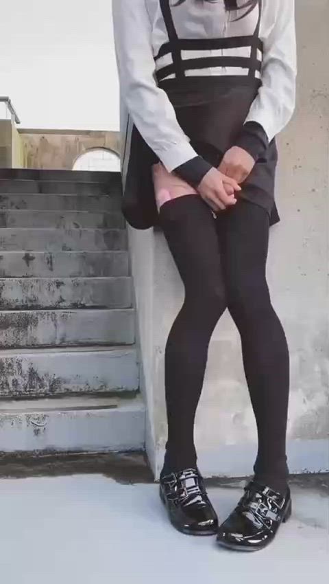 crossdressing cumshot femboy office outdoor sissy sissy slut skirt stockings vibrator