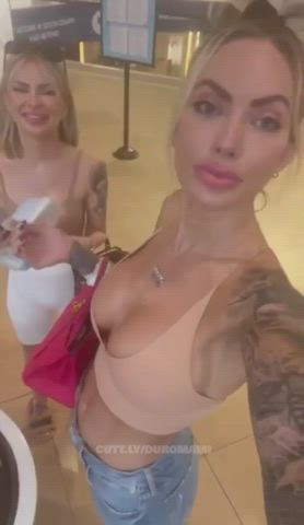 Amateur Bathroom Blonde Dildo Lesbian Public Sex Standing Doggy Strap On