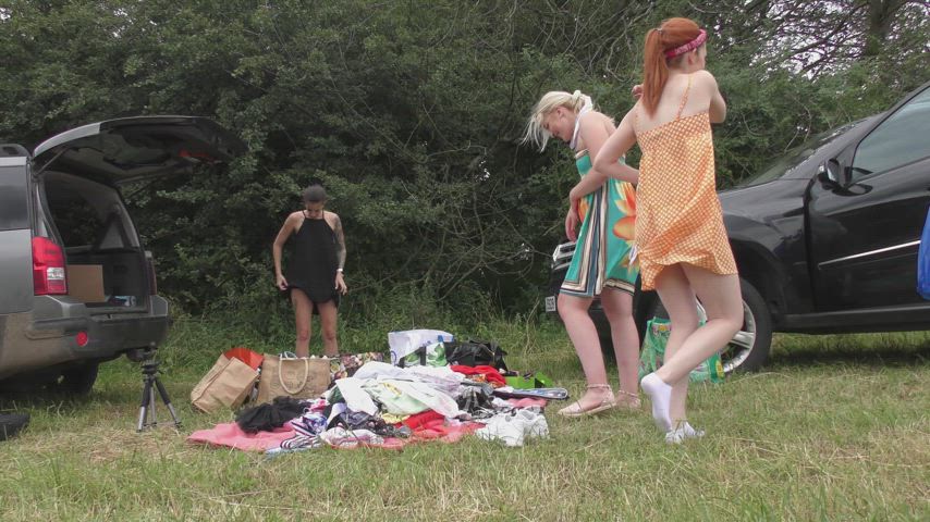 Outdoors in the wild a panties and thongs try on haul with under knee socks and many