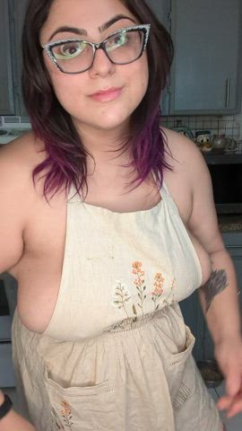 bbw chubby glasses goth kitchen natural tits nipple piercing striptease tattoo curvy
