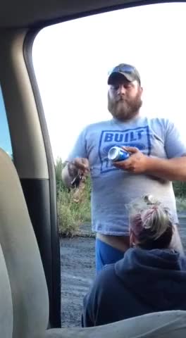 Bearded White Trash blow job while shooting his gun and shotgunning a beer