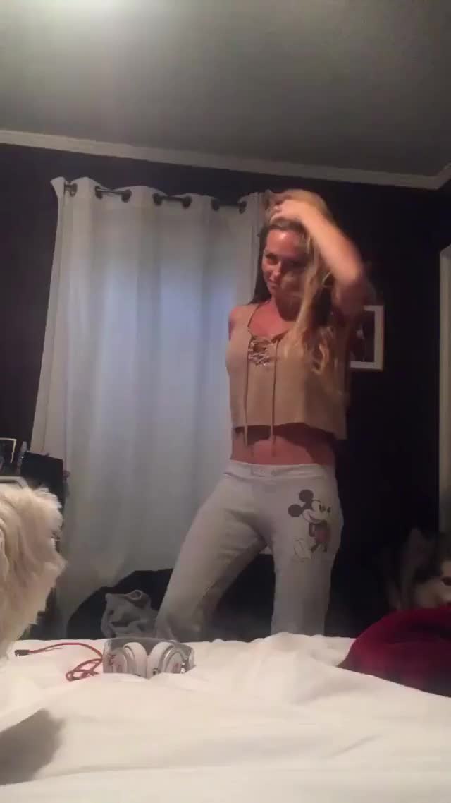 43yo Stacy Sanches goofing in her bedroom with casual top clearly showing her perfect
