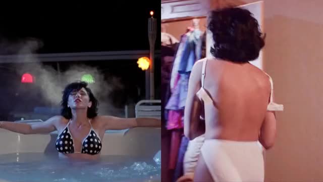 Charlie Spradling - Ski School (1990) - split-screen, mini-loop of hot tub bikini