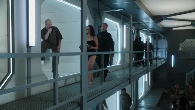 Melissa O'Neil - Dark Matter S2E1 - being escorted to holding cell in underwear