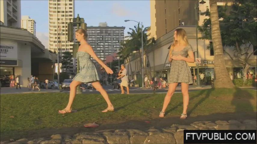 blonde flashing outdoor public twins upskirt clip