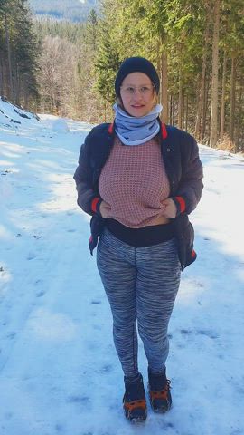 Modest girl with glasses on a mountain hike. Heh