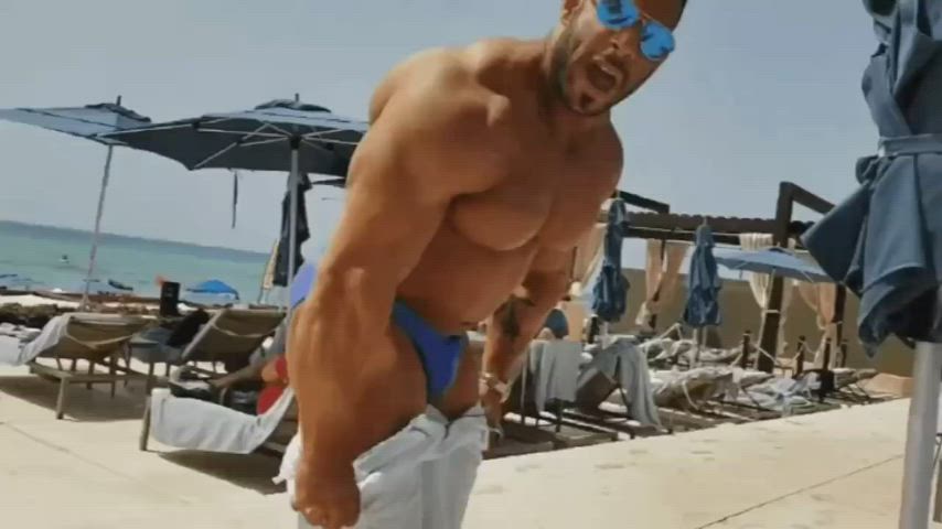 beach bodybuilder clothed gay stripping clip