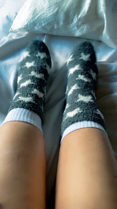 Doubling up on the all-white crew socks and fuzzy socks! [SELLING] [INT. SHIPPING]