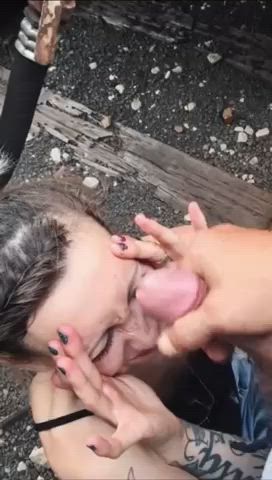 Fan Submission : Slutty girlfriend gives an outdoor Blowjob at a abandoned train