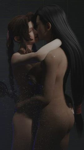 animation bathroom girlfriends kissing lesbian shower tifa lockhart wet yuri clip