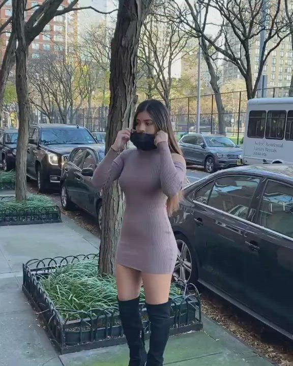 Boots Brunette Dress Latina Legs Public Solo Tight clip