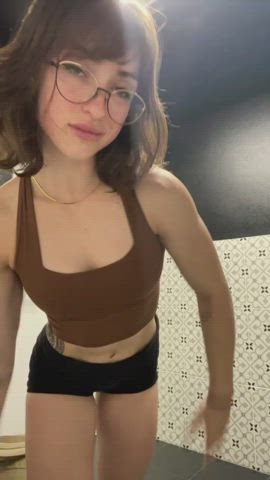 abs bathroom brunette cute fitness glasses muscles muscular girl nerd clip
