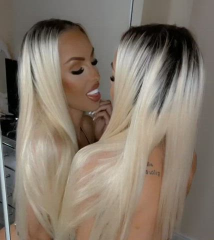 big tits blonde fake tits kissing mirror onlyfans petite selfie webcam clip