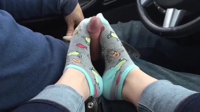 amazing toejob in car with socks and cumshot on socked feet