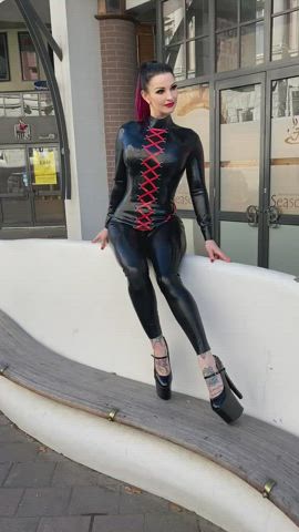 Photoshoot in central Christchurch, New Zealand in latex catsuit 🐈‍⬛