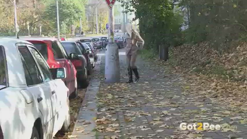 A hot blonde takes a piss in broad daylight on the street, she doesn't care who sees!