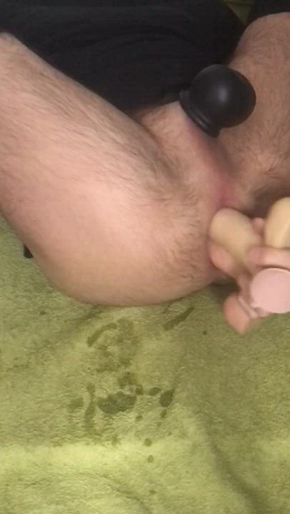 two dildos in ass while cock in bull bag
