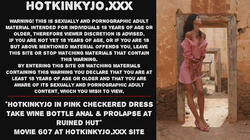 Hotkinkyjo in pink checkered dress take wine bottle anal &amp; prolapse at ruined