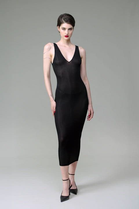 Anastasia Jovanovic in black La Femme Amazing naked-back dress, by Maison Close