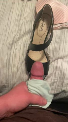 Cummed on my wife’s heels with her panties wrapped around my cock