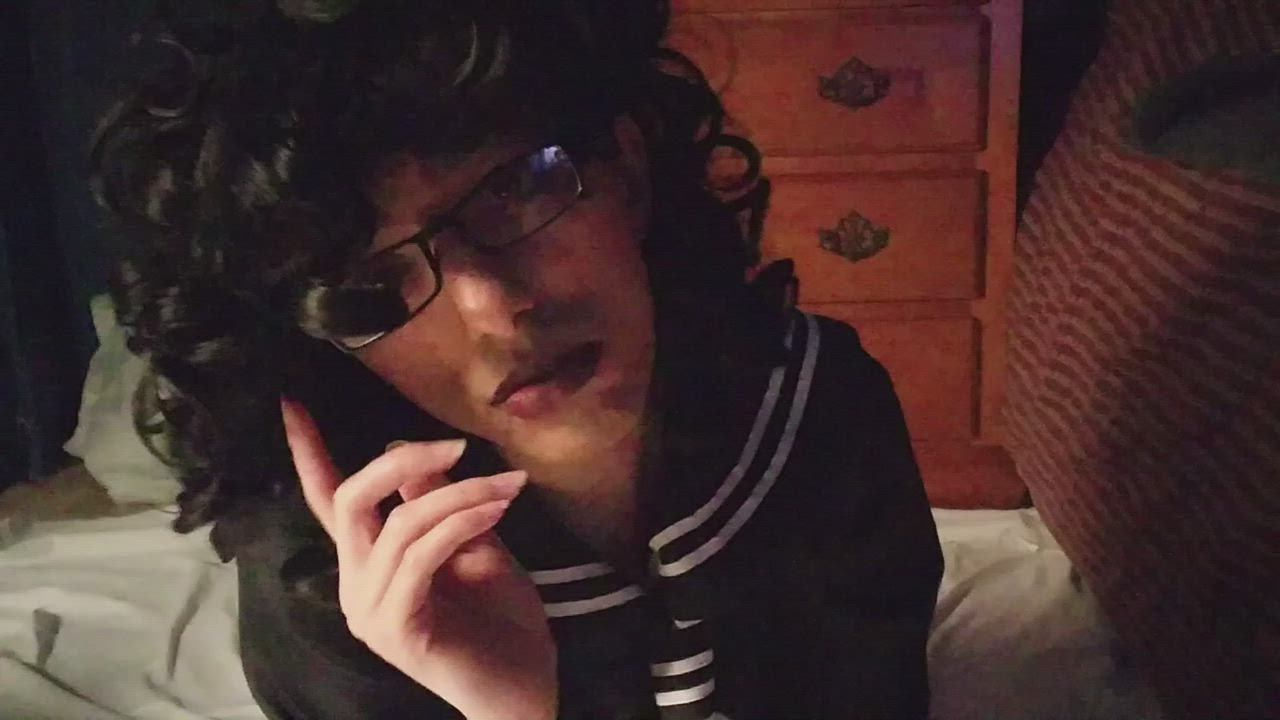 crossdressing femboy glasses pantyhose saliva schoolgirl sissy tease teasing clip