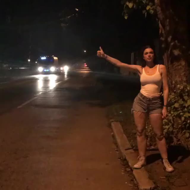 Julia Fox - hitchhiking in denim shorts, Jan 2017