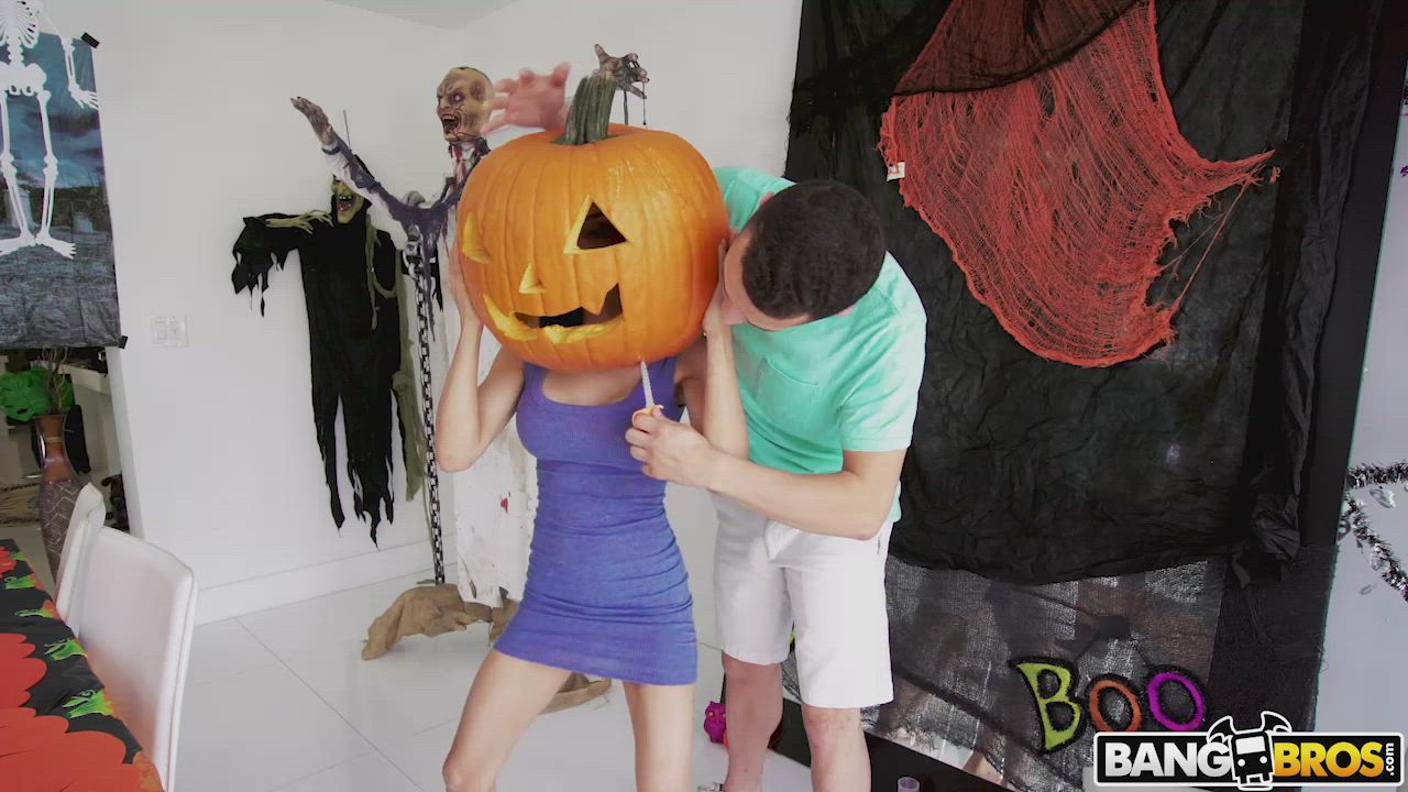 Helping stepmom to get the pumpkin off her head