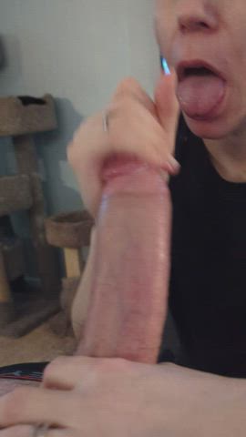 Working his thick shaft and drinking his cum