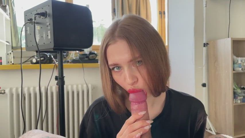 Sensual blowjob with red lipstick