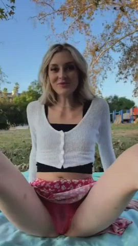 Handing over her panties in the park
