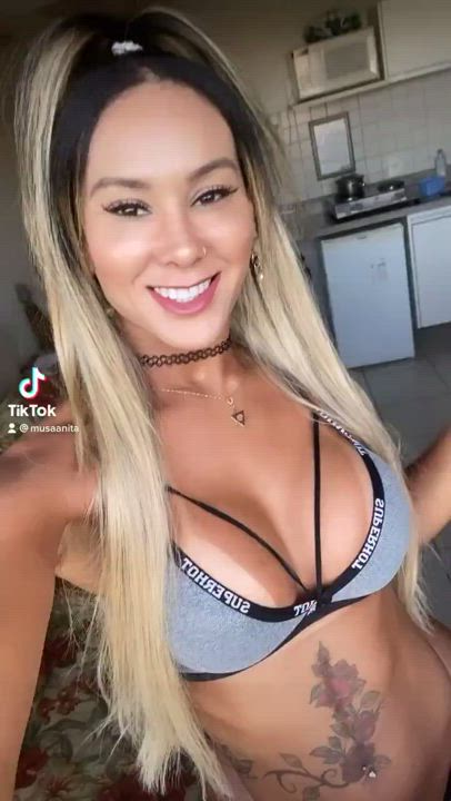 Anita C Blonde Cleavage Clothed Cute Smile Trans clip