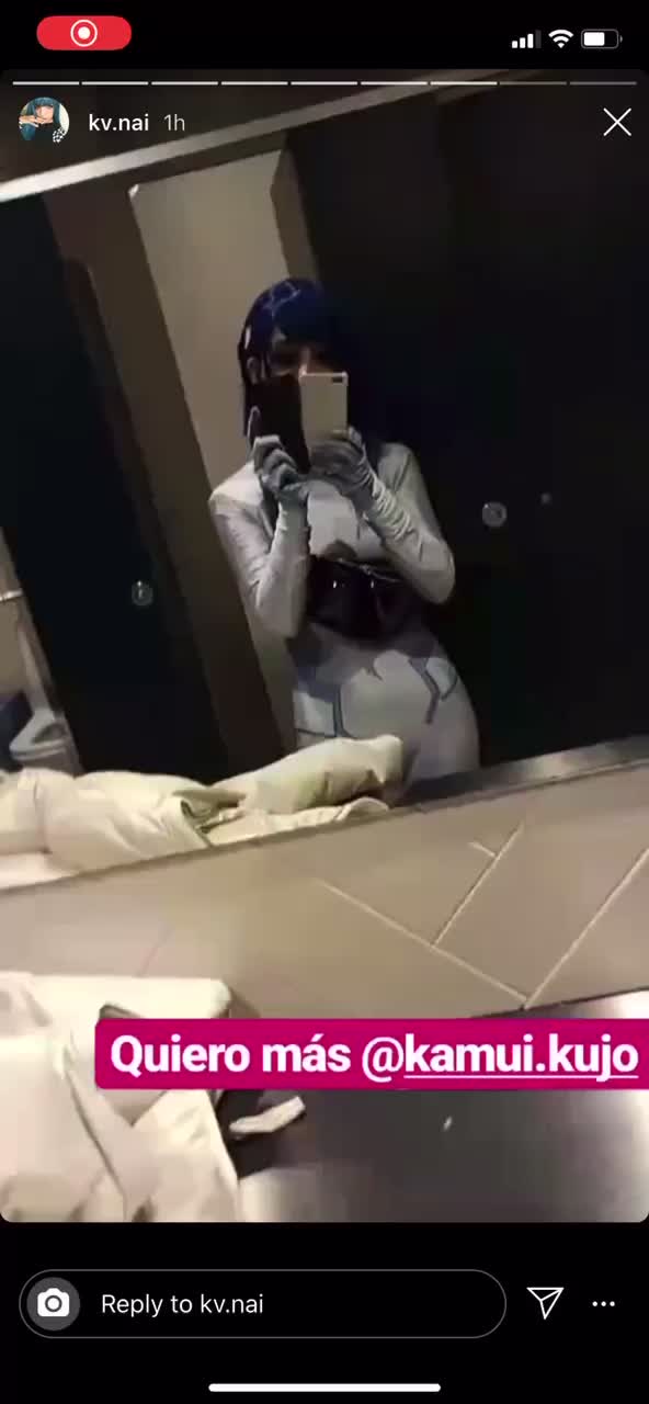 my real life waifu being sexy in the mirror in skin tight cosplay with hot friend