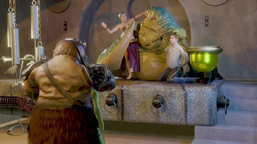 A shocked Oola is forced on her knees by a Gamorrean while Jabba teases Leia with