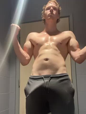 Get on your knees boy and lick all this sweat off my hard cock