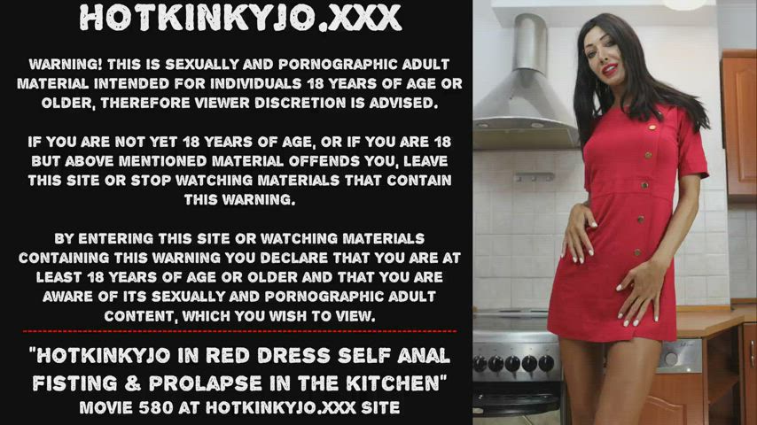 Hotkinkyjo in red dress self anal fisting &amp; prolapse in the kitchen